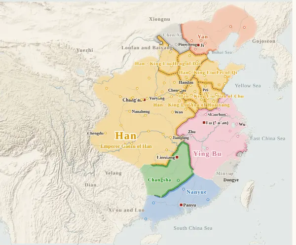 Map of the Chu–Han Contention and Early Han, 196 BC (Han Xin and Peng Yue executed)