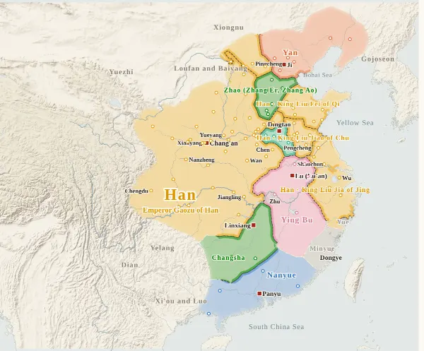 Map of the Chu–Han Contention and Early Han, 200 BC (Siege of Baideng)