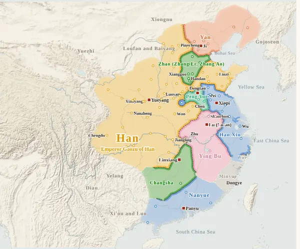Map of the Chu–Han Contention and Early Han, 202 BC (Battle of Gaixia; Liu Bang becomes emperor)