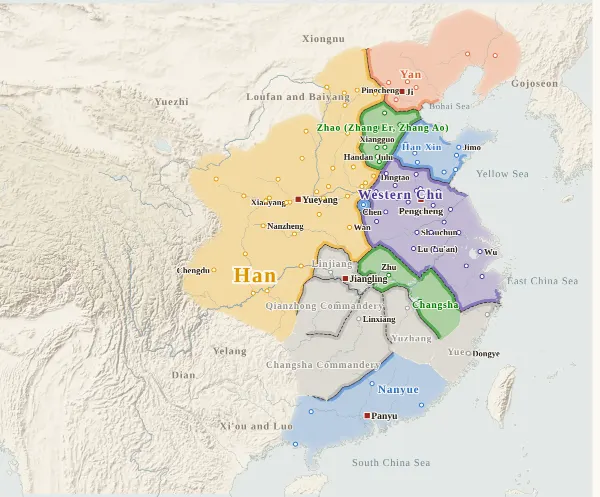 Map of the Chu–Han Contention and Early Han, 203 BC (The realm divided at the Hong Canal)