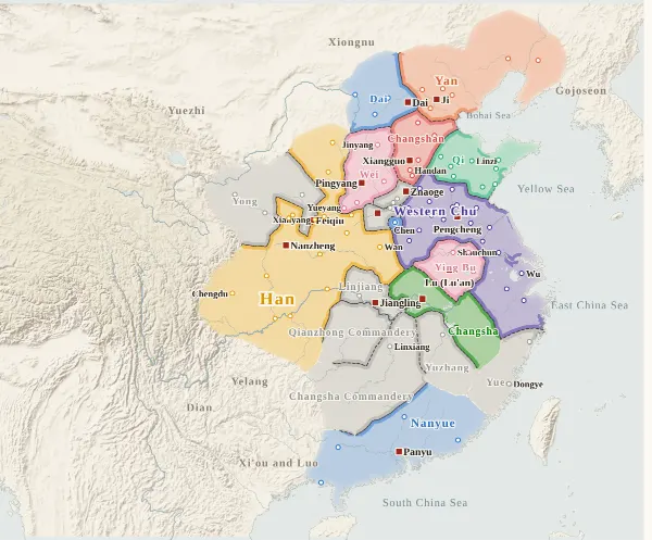 Map of the Chu–Han Contention and Early Han, 206 BC (Xiang Yu enfeoffs the Eighteen Kings)
