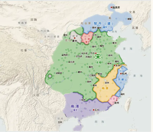 五代十国の勢力図・965年（宋が後蜀を滅ぼす）