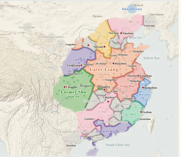Map of the Five Dynasties and Ten Kingdoms, 907 (Later Liang founded)