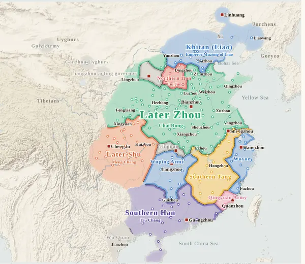 Map of the Five Dynasties and Ten Kingdoms, 958 (Later Zhou takes the land north of the Yangtze)