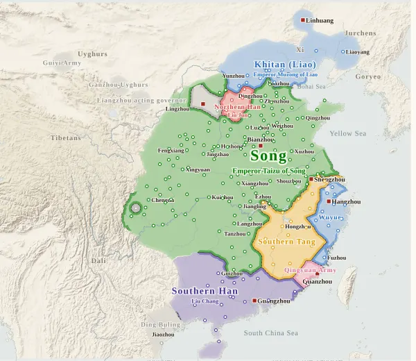 Map of the Five Dynasties and Ten Kingdoms, 965 (Song destroys Later Shu)