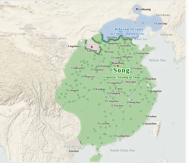 Map of the Five Dynasties and Ten Kingdoms, 979 (Northern Han surrenders; Song reunifies China)