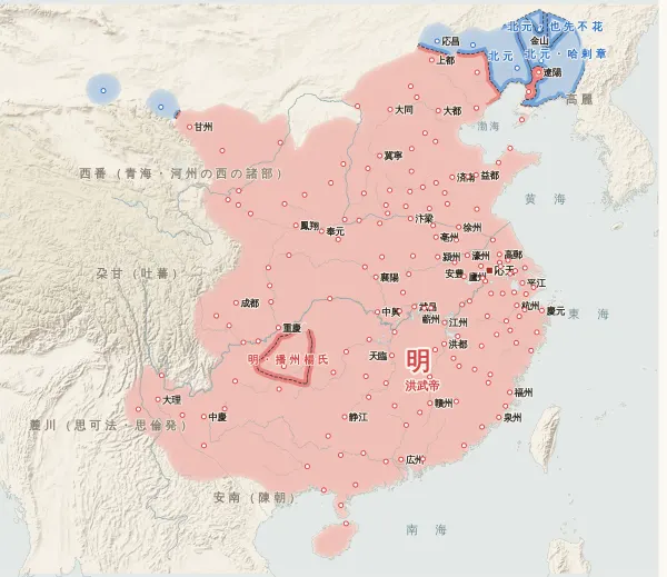 元末の勢力図・1382年（明が雲南を平定）