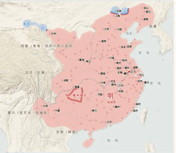 元末の勢力図・1387年（納哈出が明に降る）