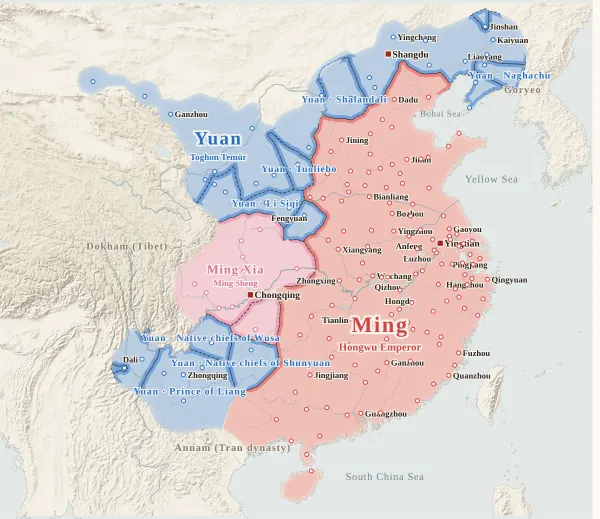 Map of the Fall of the Yuan, 1368 (Ming founded; the Yuan leave Dadu)