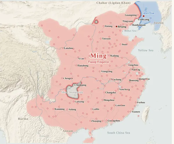 Map of the Ming–Qing Transition, 1621 (Later Jin takes Liaoyang and Shenyang)