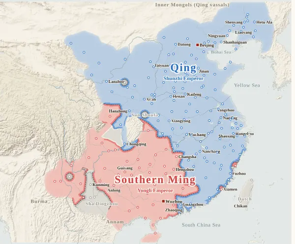 Map of the Ming–Qing Transition, 1646 (Longwu dies; Yongli takes the throne)