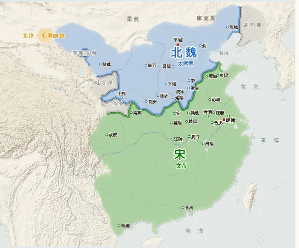 南北朝の勢力図・439年（北魏が華北を統一）