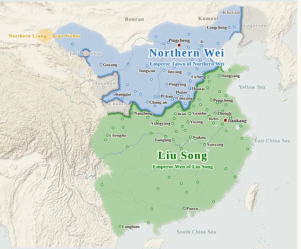 Map of the Northern and Southern Dynasties, 439 (Northern Wei unifies the north)