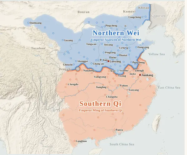 Map of the Northern and Southern Dynasties, 494 (Northern Wei moves its capital to Luoyang)