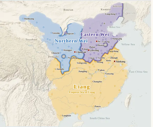 Map of the Northern and Southern Dynasties, 534 (Northern Wei splits east and west)