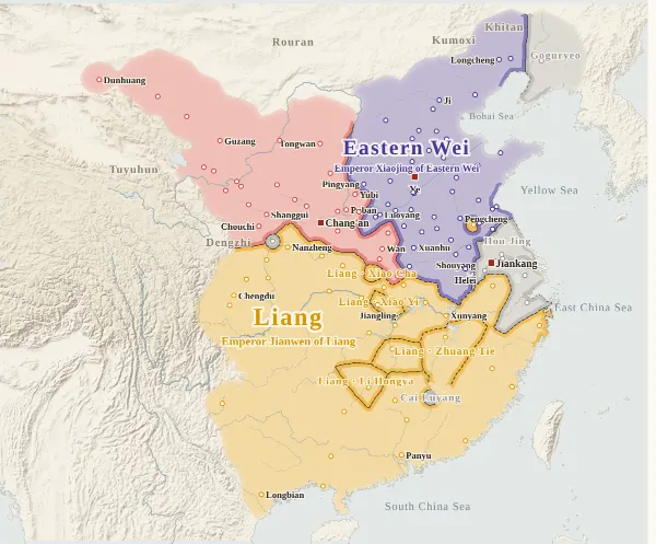 Map of the Northern and Southern Dynasties, 549 (Hou Jing takes Jiankang)