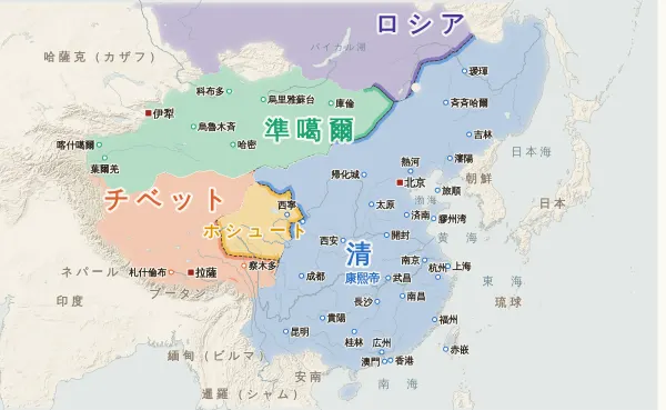 清の勢力図・1688年(ガルダンがハルハに攻め込む)