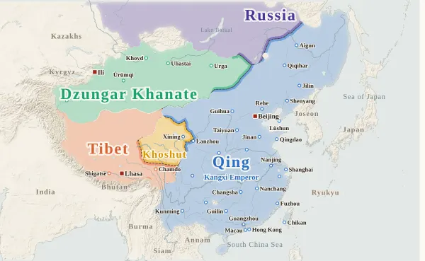 Map of the Qing Dynasty, 1688 (Galdan invades Khalkha)