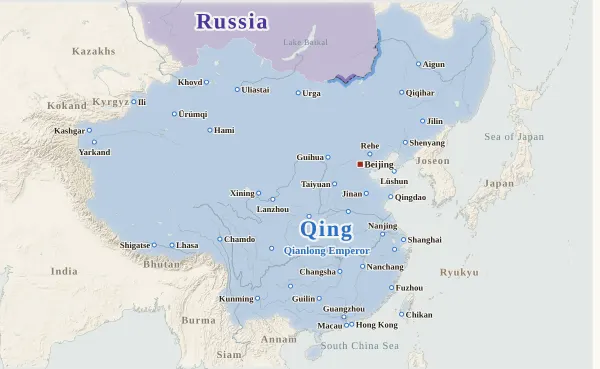Map of the Qing Dynasty, 1759 (The Muslim cities of the Tarim Basin conquered)