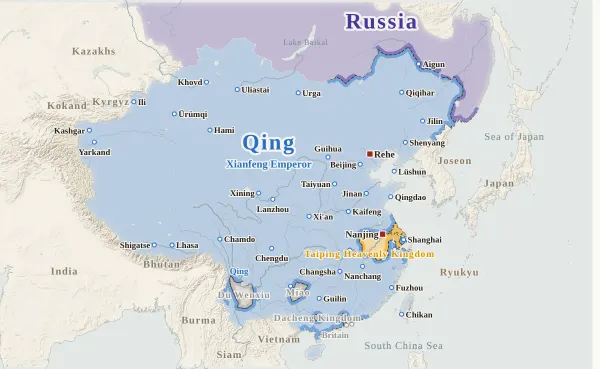 Map of the Qing Dynasty, 1860 (Convention of Peking; the Ussuri coast to Russia)