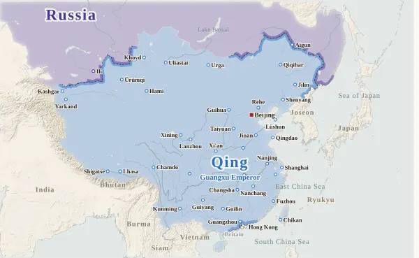 Map of the Qing Dynasty, 1877 (Fall of Yaqub Beg)