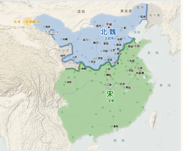 五胡十六国の勢力図・439年(北魏が華北を統一)