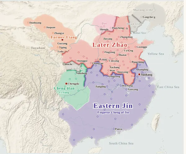 Map of the Sixteen Kingdoms, 329 (Later Zhao destroys Han Zhao)