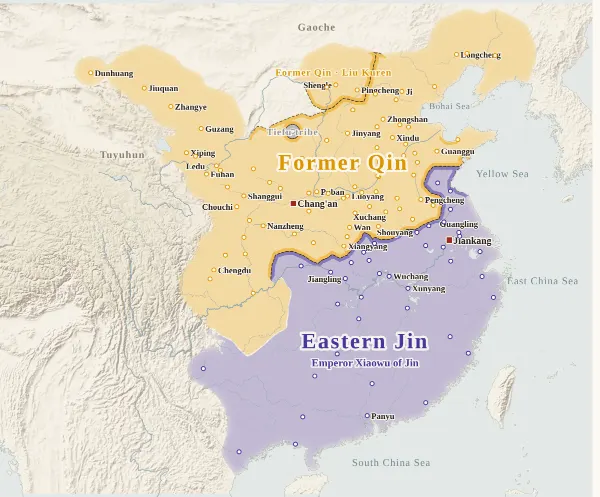 Map of the Sixteen Kingdoms, 383 (Battle of the Fei River)