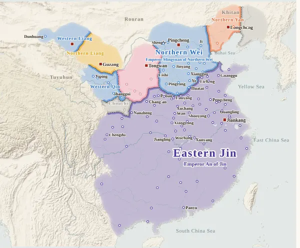 Map of the Sixteen Kingdoms, 417 (Liu Yu destroys Later Qin)