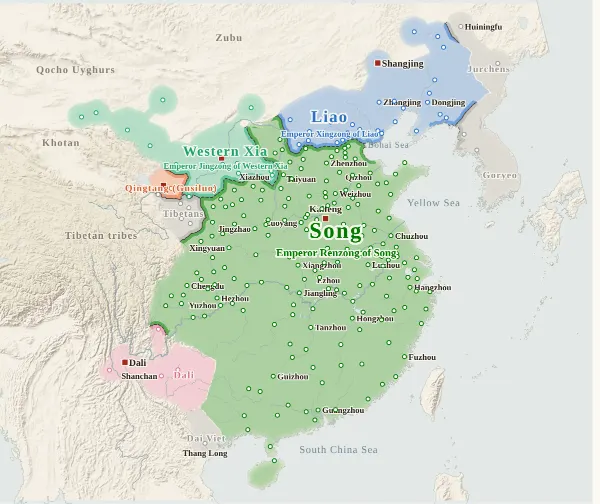 Map of Song, Liao, Jin and Western Xia, 1038 (Founding of Western Xia)