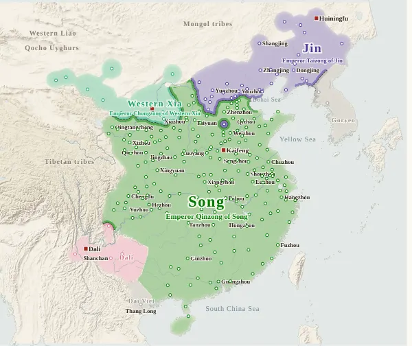 Map of Song, Liao, Jin and Western Xia, 1125 (Jin destroys Liao)