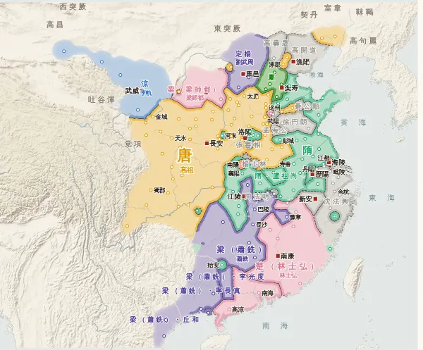 隋末唐初の勢力図・618年（煬帝が殺され唐が建つ）