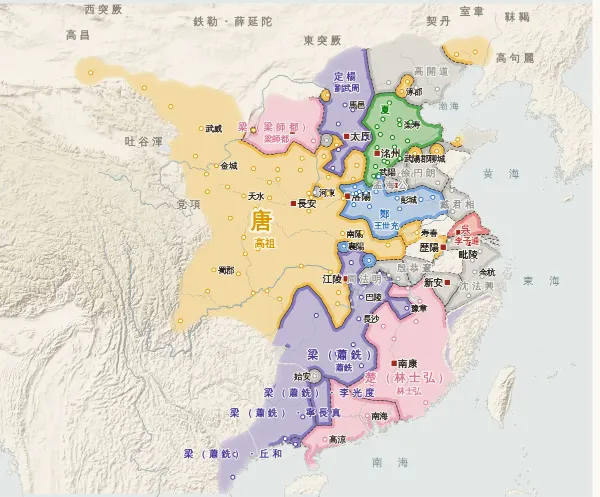 隋末唐初の勢力図・619年（王世充が帝位を奪う）