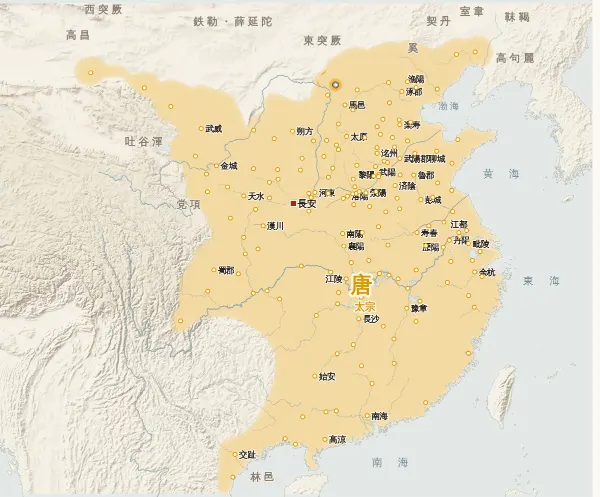 隋末唐初の勢力図・628年（梁師都が滅び唐が統一）