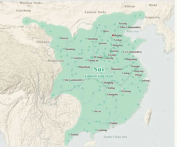 Map of the Fall of Sui and the Rise of Tang, 613 (Yang Xuangan's revolt)