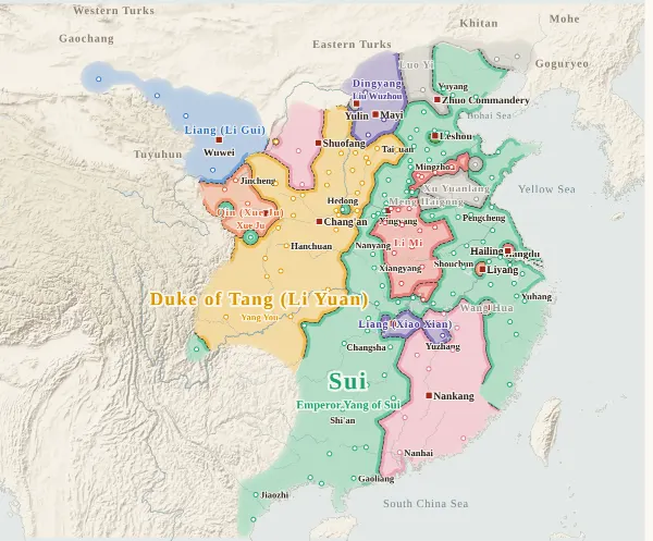 Map of the Fall of Sui and the Rise of Tang, 617 (Li Yuan rises at Taiyuan and enters Chang'an)