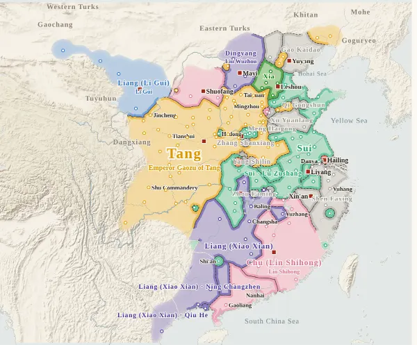 Map of the Fall of Sui and the Rise of Tang, 618 (Emperor Yang is killed; Tang is founded)