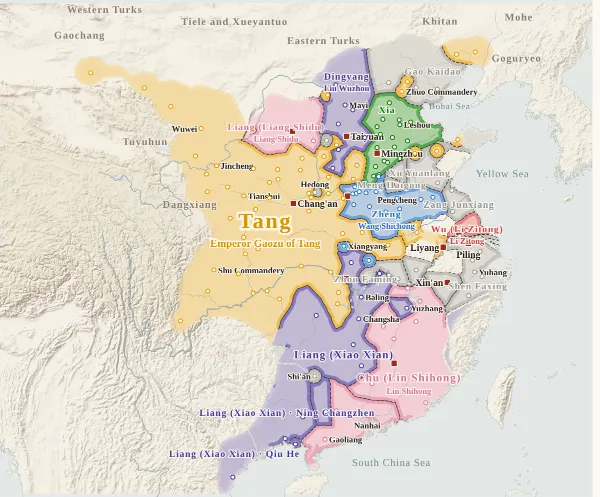 Map of the Fall of Sui and the Rise of Tang, 619 (Wang Shichong seizes the throne)