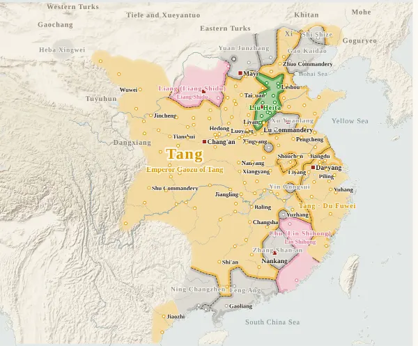 Map of the Fall of Sui and the Rise of Tang, 621 (Battle of Hulao)