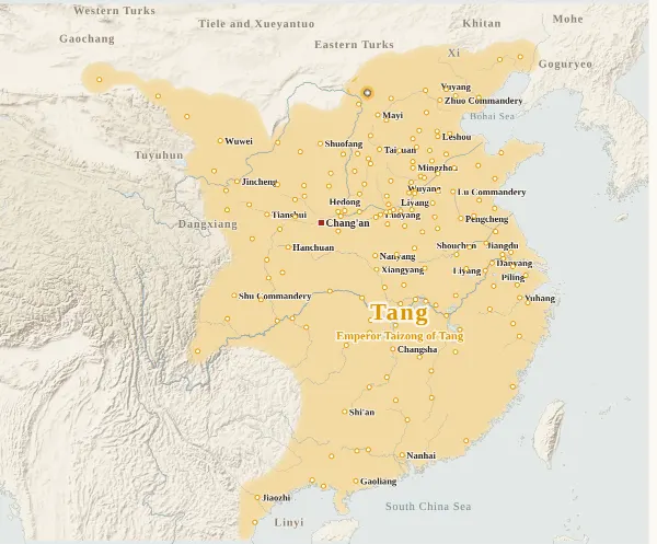 Map of the Fall of Sui and the Rise of Tang, 628 (Liang Shidu falls; Tang unifies China)