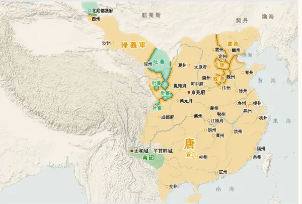 唐の勢力図・851年（張議潮が河西を唐に帰す）