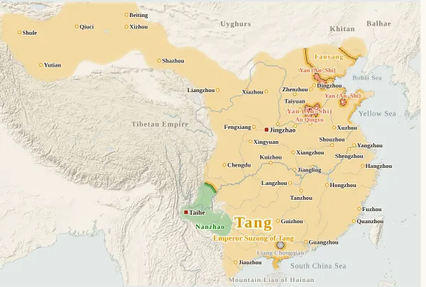Map of the Tang Dynasty, 757 (Chang'an and Luoyang retaken)