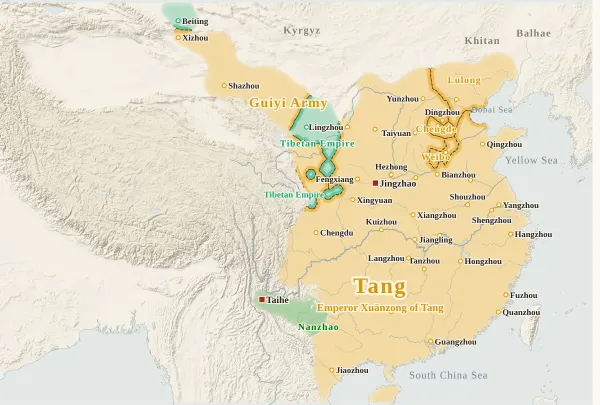 Map of the Tang Dynasty, 851 (Zhang Yichao returns Hexi to the Tang)