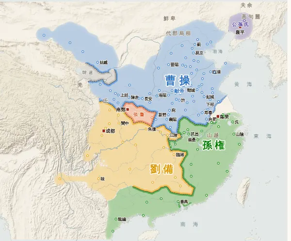 三国の勢力図・214年(劉備が益州を取る)