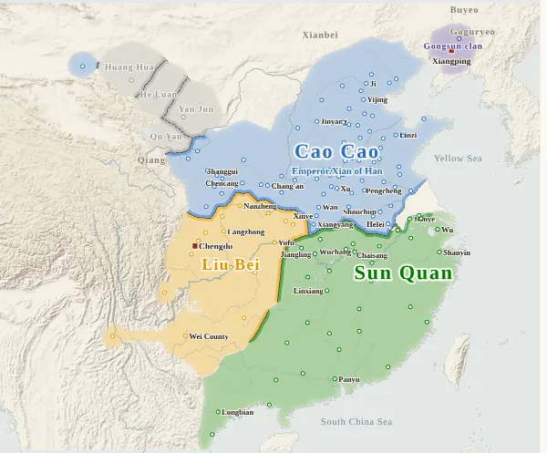 Map of the Three Kingdoms, 219 (Guan Yu loses Jing Province)