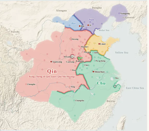 Map of the Warring States, 228 BC (Handan falls)
