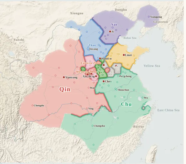 Map of the Warring States, 257 BC (Lord Xinling lifts the siege of Handan)
